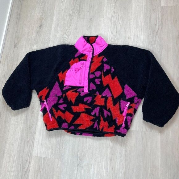 Free People Movement Rocky Ridge Fleece Pullover Jacket Small Black Pink Hearts - Picture 3 of 5